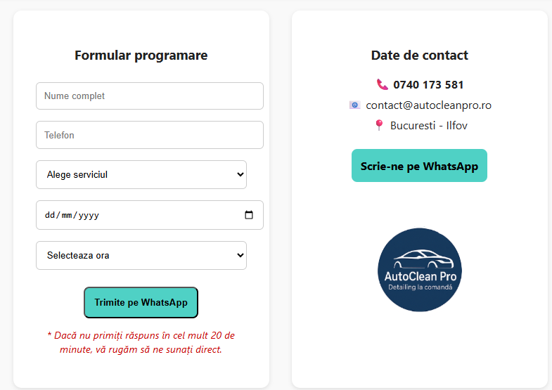 AutoClean Pro – Website + Programări + Admin